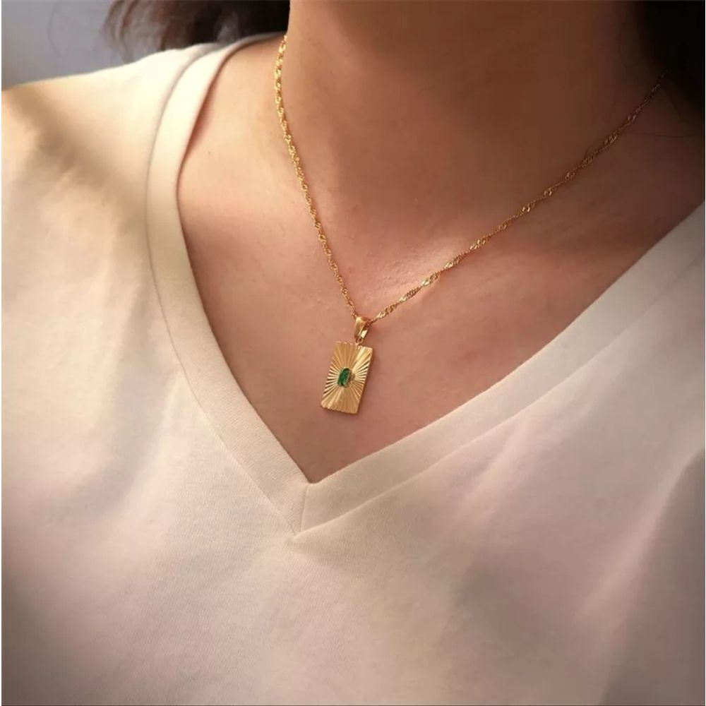 Emerald Green Cubic Zirconia 18K Gold Plated Stainless Steel Pendant Necklace - Picture 4 of 15